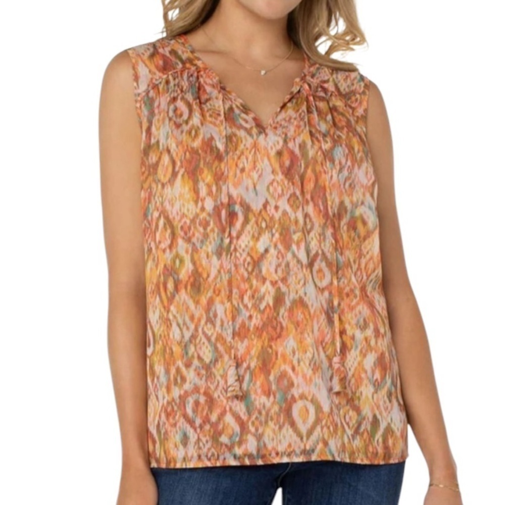 NWT LIVERPOOL LOS ANGELES Shirred Tie Front Sleeveless Blouse Size Small